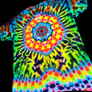 A short-sleeve tie-dye T-shirt with a vibrant psychedelic spiral pattern in neon green, yellow, orange, red, blue, and purple on a black background.