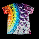 A short-sleeve crewneck tie-dye t-shirt featuring a vibrant rainbow gradient transitioning into white and purple psychedelic swirl patterns, displayed flat against a solid black background.
