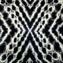 Abstract black and white tie-dye pattern with a symmetrical kaleidoscope design, featuring organic circular and oval shapes radiating from a central point.