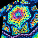A close-up of a tie-dye t-shirt featuring a vibrant, psychedelic geometric mandala pattern in neon colors on a black base.