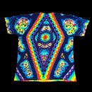 A short-sleeve t-shirt with a vibrant, symmetrical psychedelic tie-dye pattern featuring neon rainbow stripes and abstract mandala-like designs on a black background.