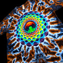 A short-sleeve tie-dye t-shirt featuring a vibrant, multicolored spiral mandala pattern in the center, surrounded by blue, brown, and orange tie-dye swirls.
