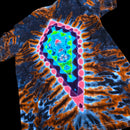 A tie-dye t-shirt featuring a vibrant, multicolored graphic design resembling a heat map or radar screen in the center, set against a dark blue and orange spiderweb-like tie-dye pattern.