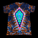 A short-sleeve t-shirt with a vibrant, symmetrical psychedelic tie-dye pattern. The design features a central neon diamond shape in shades of blue, green, and pink, surrounded by orange and blue marbled tie-dye wings on a black background.