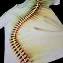 A white short-sleeve t-shirt with a tie-dye pattern featuring a curved line of yellow, green, and reddish-brown dye radiating across the front, laid flat against a black background.
