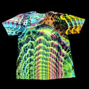 A short-sleeve crewneck t-shirt featuring a vibrant, multicolor psychedelic tie-dye pattern with concentric wave and spiral designs in neon green, yellow, orange, pink, and blue on a black background.