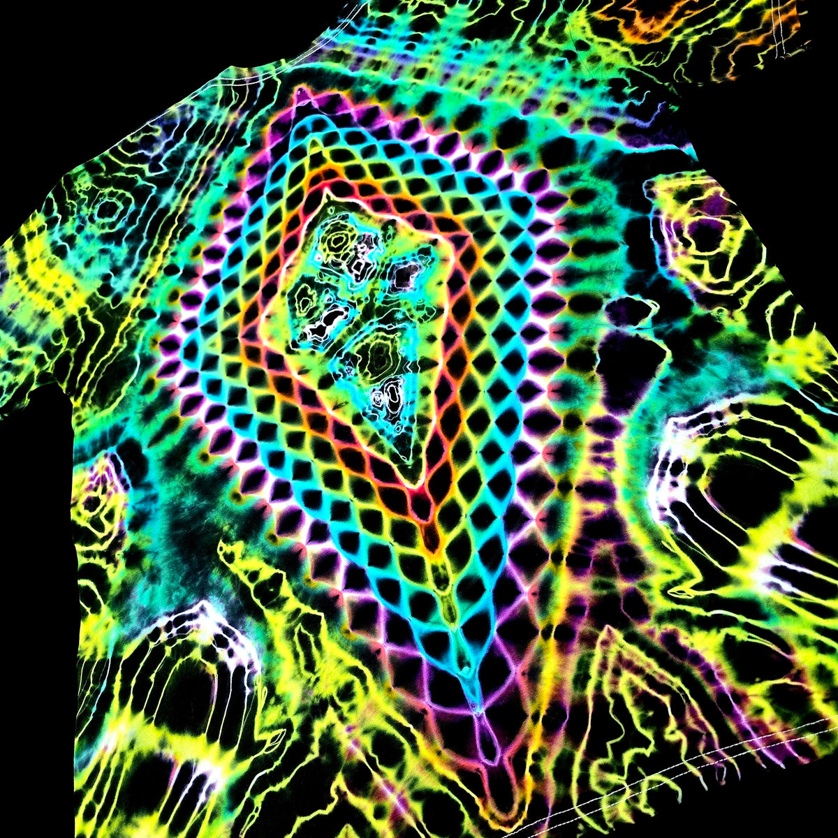 A short-sleeve crewneck t-shirt featuring a vibrant, psychedelic neon pattern with a central rainbow arch, diamond grid, and abstract organic shapes on a black background.