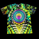 A black short-sleeve T-shirt with a highly vibrant, multicolor psychedelic spiral mandala print in neon green, yellow, purple, blue, and fuchsia.