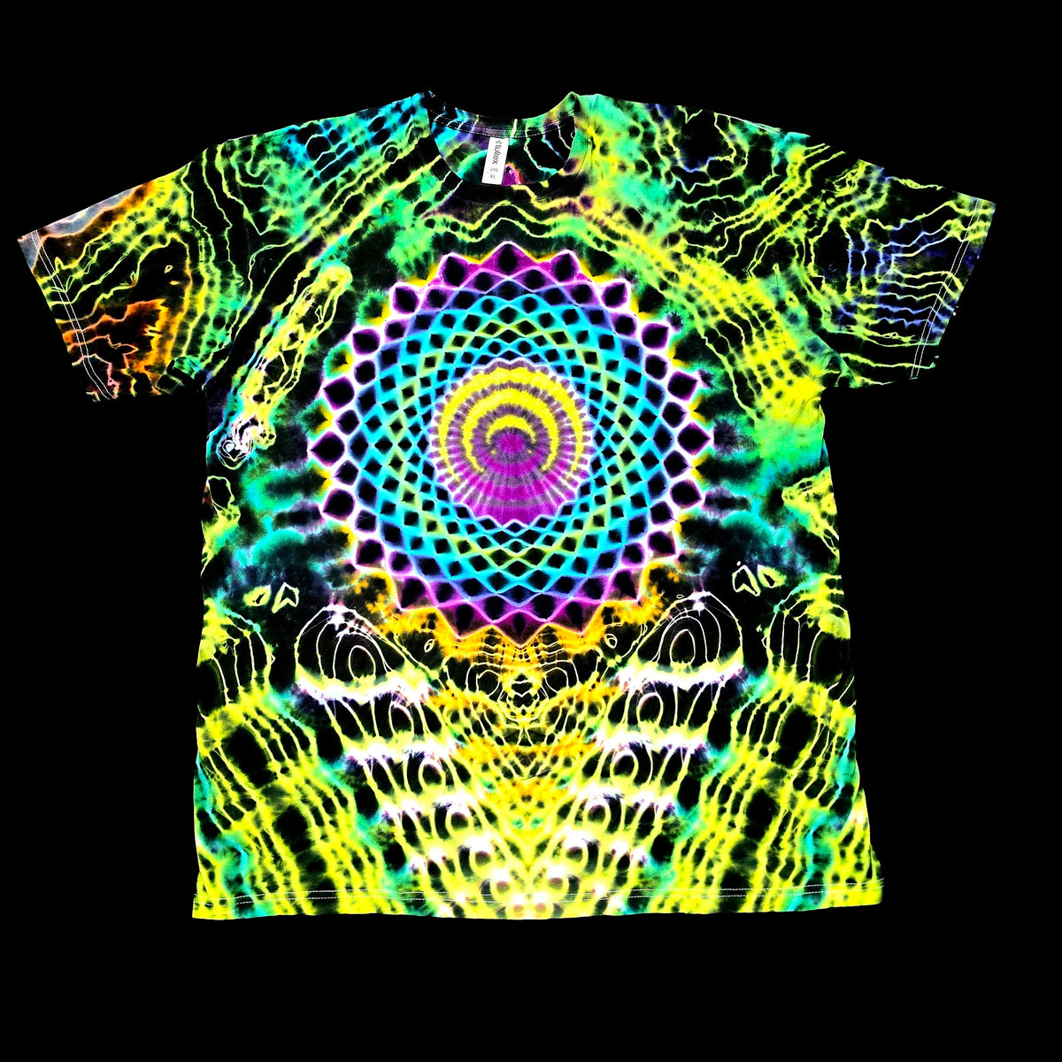 A black short-sleeve T-shirt with a highly vibrant, multicolor psychedelic spiral mandala print in neon green, yellow, purple, blue, and fuchsia.