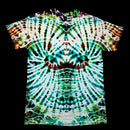 A short-sleeve tie-dye t-shirt with a highly symmetrical, psychedelic radial pattern in green, teal, white, and brown, displayed flat against a solid black background.