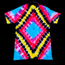A short-sleeve tie-dye t-shirt featuring a bold geometric diamond pattern in neon pink, yellow, black, and blue, displayed flat against a solid black background.