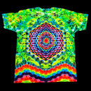 A short-sleeve crewneck t-shirt featuring a vibrant, symmetrical psychedelic tie-dye pattern with a central kaleidoscopic mandala and rainbow wave bands at the bottom, displayed flat against a solid black background.