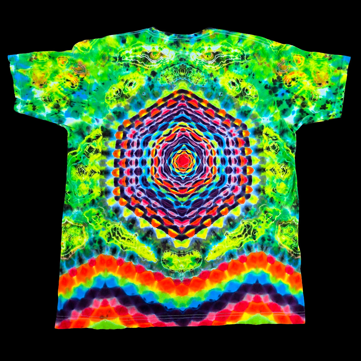 A short-sleeve crewneck t-shirt featuring a vibrant, symmetrical psychedelic tie-dye pattern with a central kaleidoscopic mandala and rainbow wave bands at the bottom, displayed flat against a solid black background.