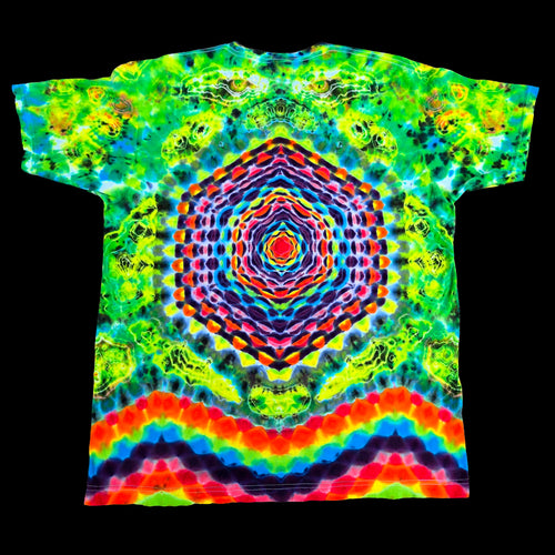 A short-sleeve crewneck t-shirt featuring a vibrant, symmetrical psychedelic tie-dye pattern with a central kaleidoscopic mandala and rainbow wave bands at the bottom, displayed flat against a solid black background.