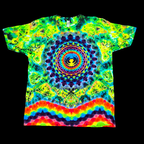 A short-sleeve crewneck t-shirt featuring a vibrant, multicolor psychedelic tie-dye design with a central mandala pattern and rainbow stripes at the bottom, displayed flat against a solid black background.