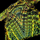 A close-up of a garment featuring an abstract, high-contrast wavy pattern in neon yellow, green, orange, and blue over a black base, shown against a solid black background.