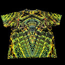 A short-sleeve crewneck t-shirt featuring a vibrant, symmetrical psychedelic pattern of neon yellow, lime green, and orange wavy lines over a black base, presented flat against a solid black background.