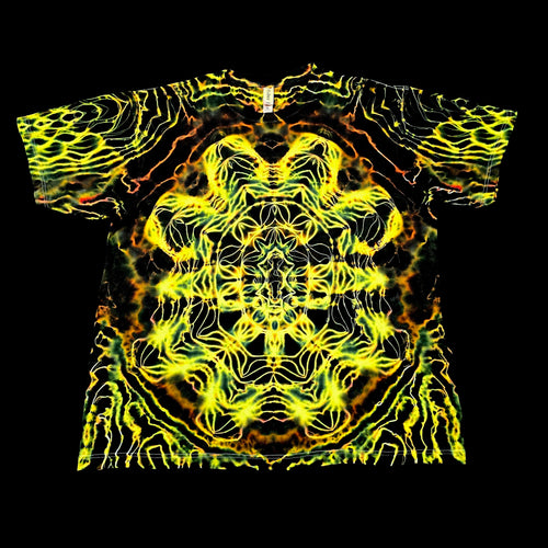 A short-sleeve crewneck t-shirt featuring a vibrant, symmetrical psychedelic pattern of glowing neon yellow and green lines over a black background, displayed flat against a solid black backdrop.