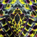 A close-up of a tie-dye fabric with a symmetrical, kaleidoscopic pattern in vibrant yellow, purple, black, and gray.