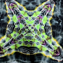 Abstract psychedelic artwork featuring a symmetrical, kaleidoscopic design with neon green, lime, purple, and yellow glowing lines over a dark gray and black textured background.