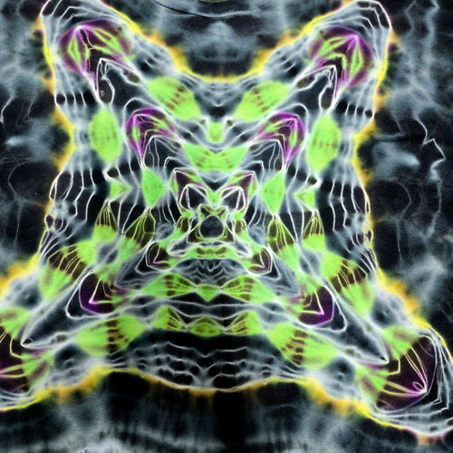 Abstract psychedelic artwork featuring a symmetrical, kaleidoscopic design with neon green, lime, purple, and yellow glowing lines over a dark gray and black textured background.