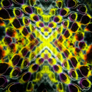 A symmetrical, kaleidoscopic abstract pattern with repeating oval shapes in neon yellow, purple, orange, and black, filling the entire frame.