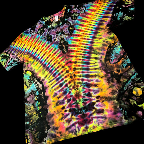 A short-sleeve tie-dye t-shirt with a vibrant rainbow spiral pattern, shown against a solid black background.