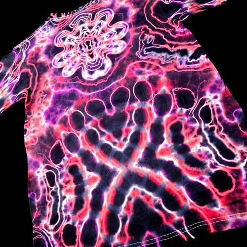 A close-up of a tie-dye pattern featuring vibrant neon pink, purple, and white wavy lines over a black background.