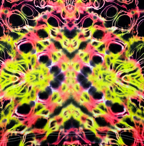 Neon tie-dye pattern with a star-like design on a black background