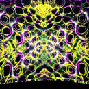 A highly vibrant, symmetrical psychedelic pattern featuring neon yellow, lime green, and magenta-purple glowing rings and organic shapes on a black background.