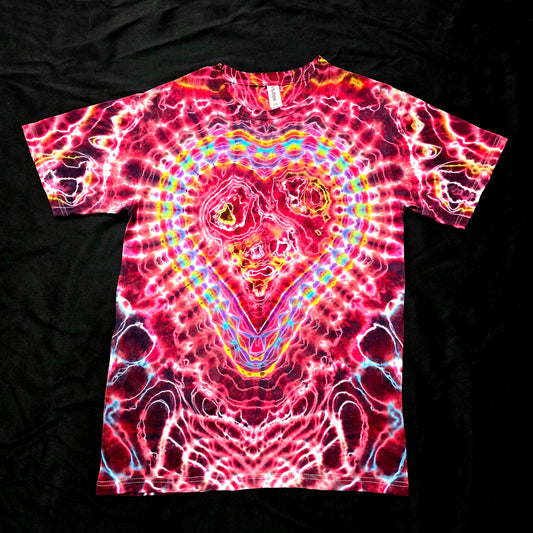 Front view of one-of-one handmade tie-dye tee featuring a glowing heart-shaped fractal mandala in crimson red and white