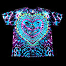 A short-sleeve crewneck t-shirt featuring a vibrant, symmetrical psychedelic heart design in neon cyan, magenta, and lime green over a black base, shown flat against a solid black background.