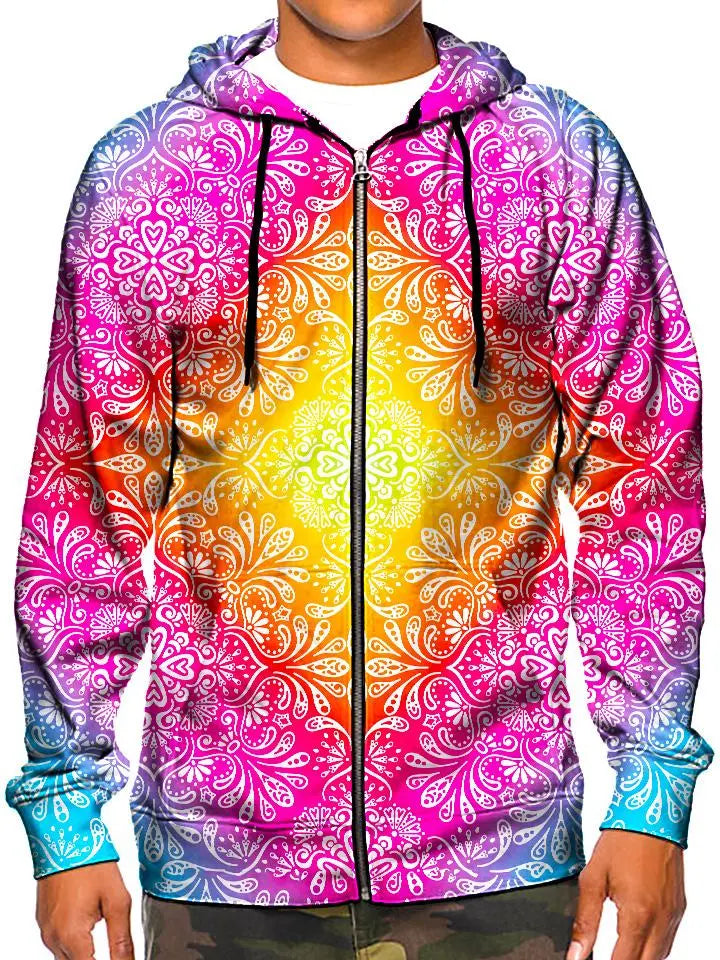 Model wearing GratefullyDyed Apparel psychedelic rainbow paisley mandala zip-up hoodie.