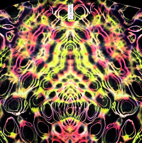 Colorful tie-dye pattern on a shirt with a brand label.