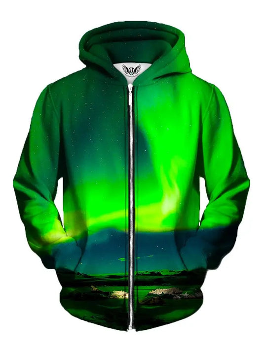 Men's green northern lights galaxy zip-up hoodie front view.