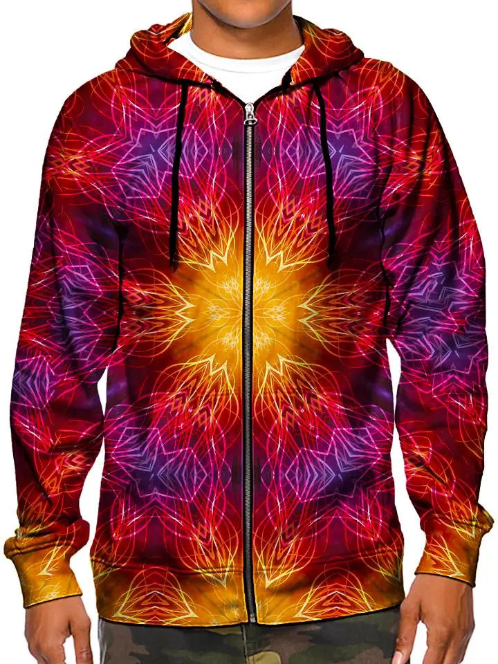 Model wearing GratefullyDyed Apparel psychedelic electric fire mandala zip-up hoodie.