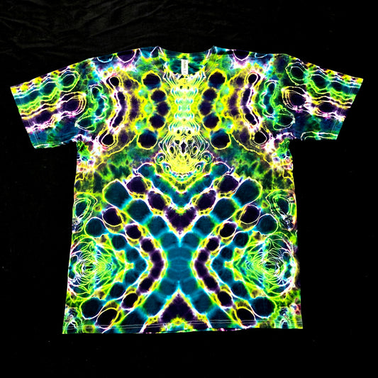 Handmade tie-dye tee with emerald green, teal, and neon yellow mirrored fractal pattern, front view
