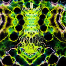 A close-up of a tie-dye t-shirt featuring a highly symmetrical, psychedelic pattern in neon green, lime yellow, black, and purple. A white neck label with the brand name 'DAMAX' is visible at the top center.