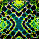 A symmetrical, kaleidoscopic abstract pattern with neon green, yellow, blue, and black organic shapes arranged in a mirrored geometric design.