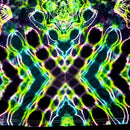 A close-up of a tie-dye fabric with a highly symmetrical, kaleidoscopic pattern featuring neon green, lime yellow, cyan, pink, and black.
