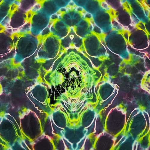 A symmetrical psychedelic tie-dye pattern with neon green, teal, purple, and pink organic shapes and fine line details.