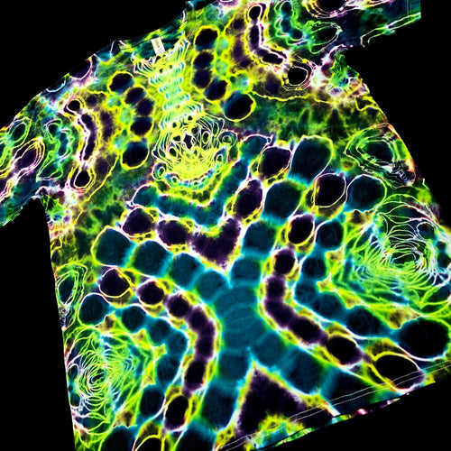 Angled front view of handmade tie-dye tee showing electric green and teal color flow