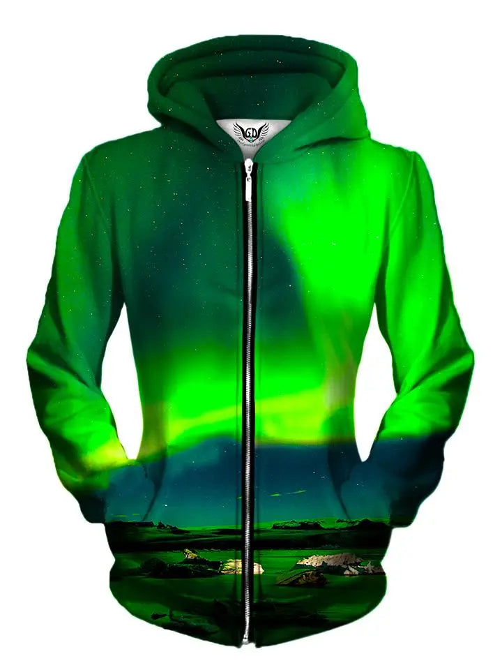 Front view of women's aurora borealis zip up hoody by Gratefully Dyed Apparel.
