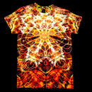 Front view of original handmade tie-dye tee featuring a burnt orange, red and yellow Hyper Fractal mandala with electric white highlights and symmetrical lattice details