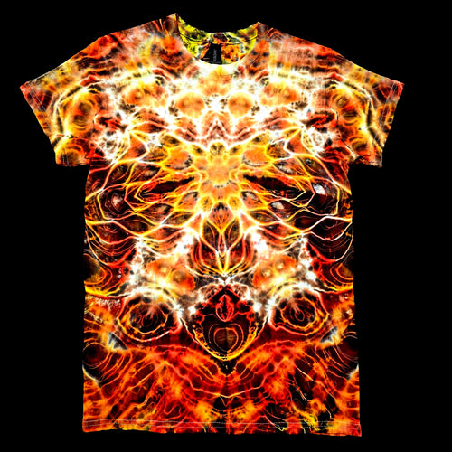 Front view of original handmade tie-dye tee featuring a burnt orange, red and yellow Hyper Fractal mandala with electric white highlights and symmetrical lattice details