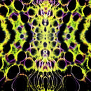 A symmetrical abstract pattern with neon yellow-green organic shapes, black circular voids, and purple glowing outlines on a black background.