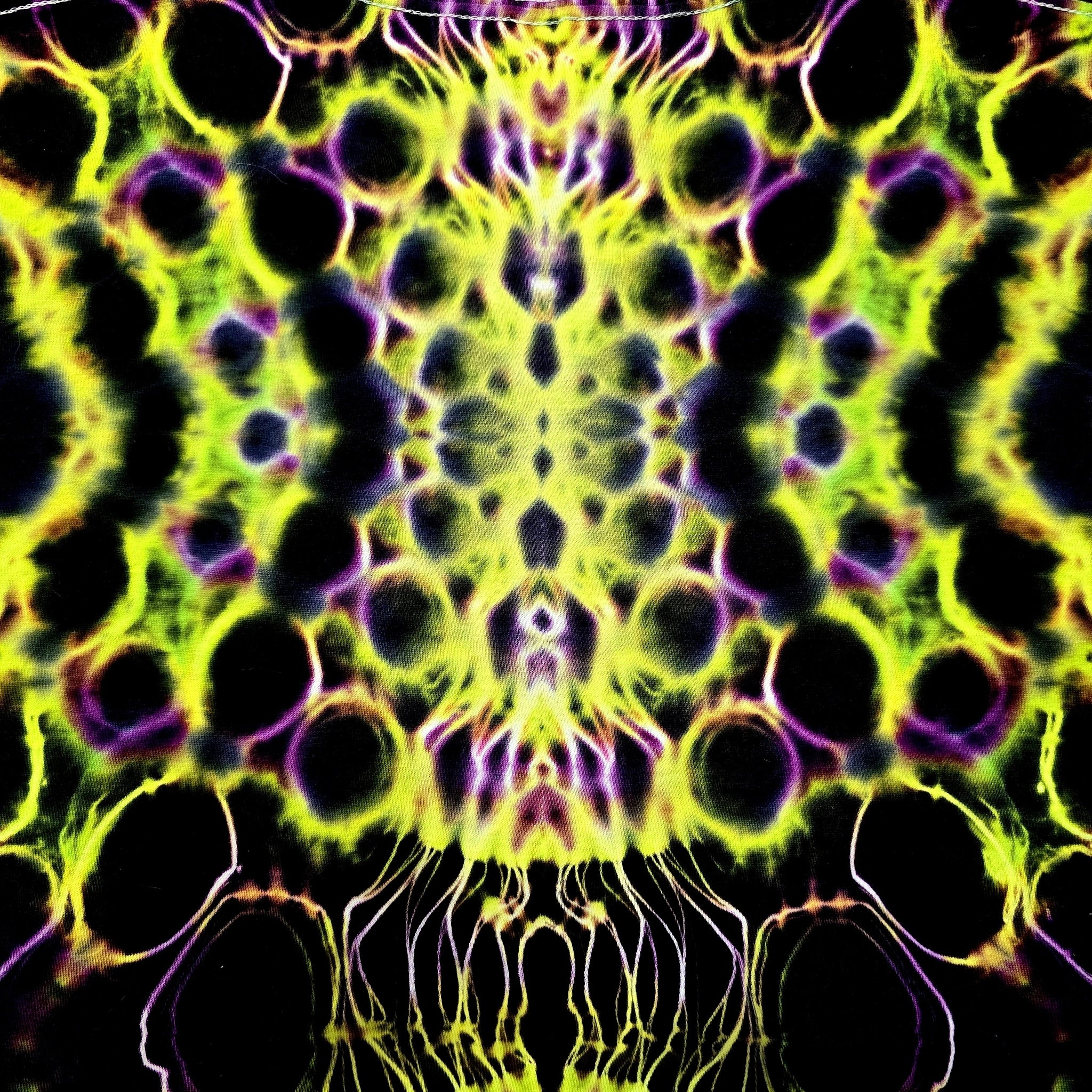 A symmetrical abstract pattern with neon yellow-green organic shapes, black circular voids, and purple glowing outlines on a black background.