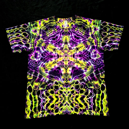 Handmade tie-dye tee with neon yellow, green, and purple mirrored fractal pattern, front view
