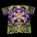 Handmade tie-dye tee with neon yellow, green, and purple mirrored fractal pattern, front view