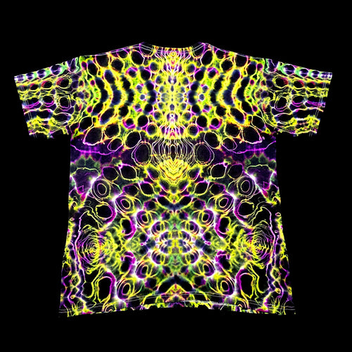 One-of-one handmade tie-dye shirt with symmetrical neon fractal design, back view